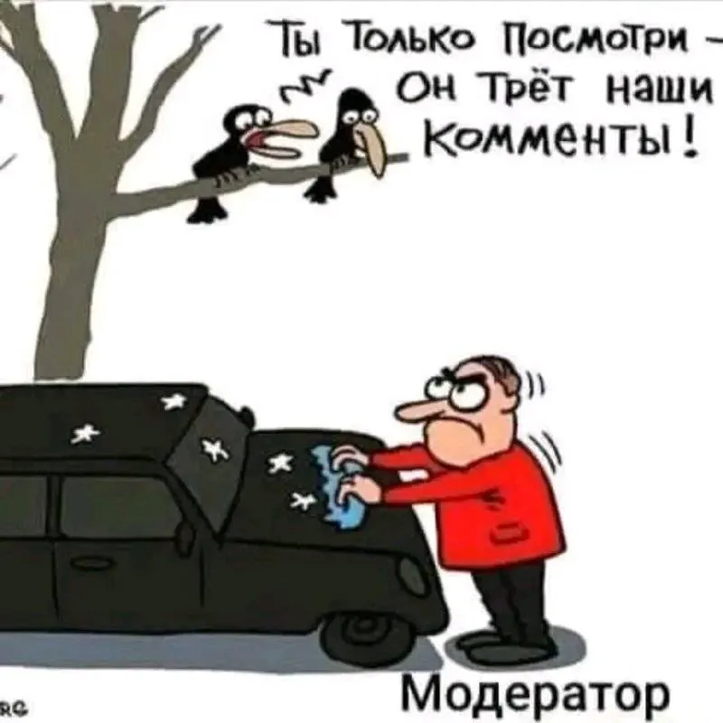 Взгляните, как забавно автор карикатуры обыграл метафору: «модератор» буквально стирает тряпкой птичий помёт с капота. Жиза! 😂