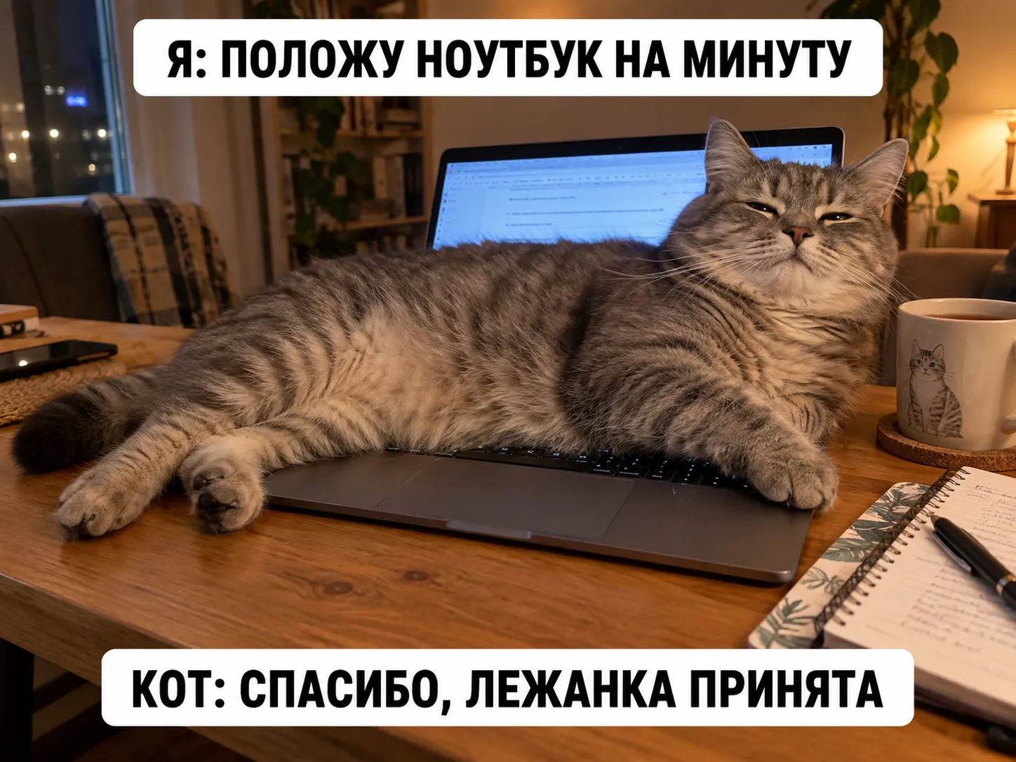 Серый кот лежит поперёк открытого ноутбука. Мем о кошачьей привычке занимать нужные хозяину вещи.