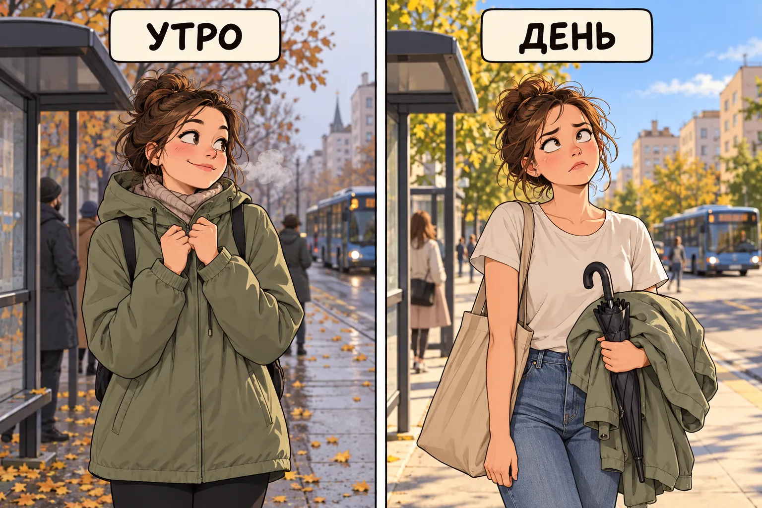 Утром куртка выручает, а днём её приходится носить в руках.