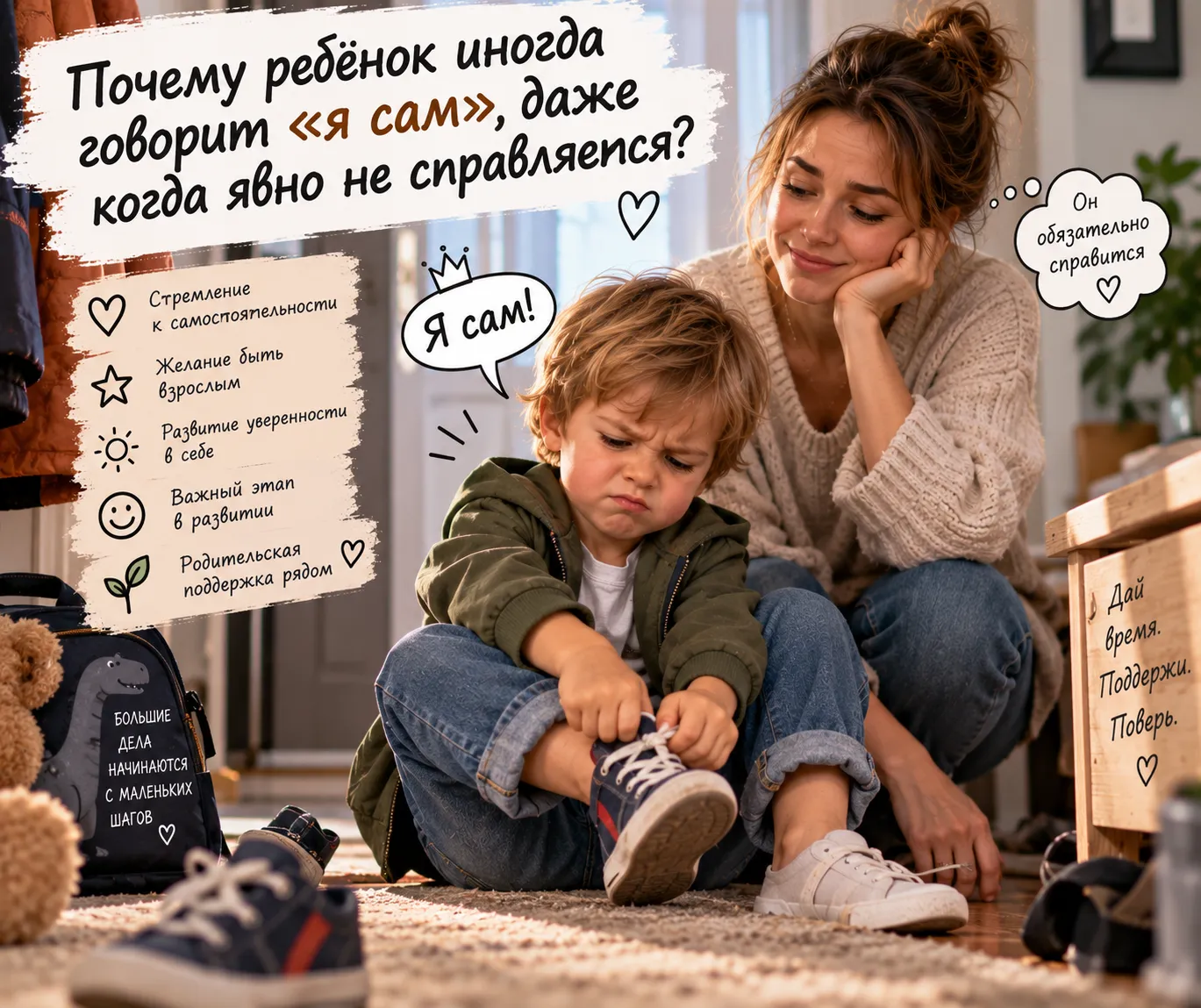 «Иногда ребёнку важнее попробовать самому, чем сделать всё быстро и идеально. А родительская задача — быть рядом и поддержать