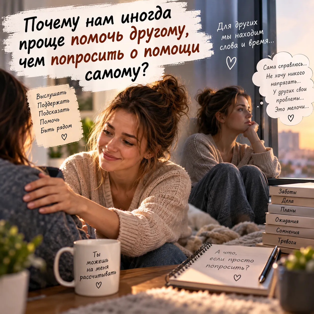 Помочь другому нам часто легко и естественно, а вот признаться, что помощь нужна нам самим, бывает гораздо сложнее. Иногда достаточно просто позволить себе не справляться со всем в одиночку