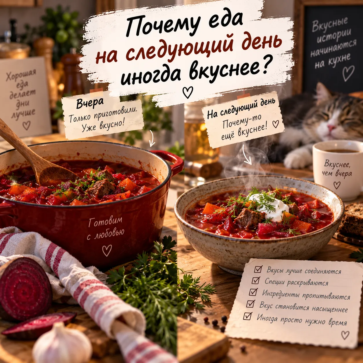 Иногда блюду нужно всего лишь немного времени, чтобы специи раскрылись, а вкусы соединились. Поэтому вчерашний борщ или рагу порой кажется вкуснее свежеприготовленного