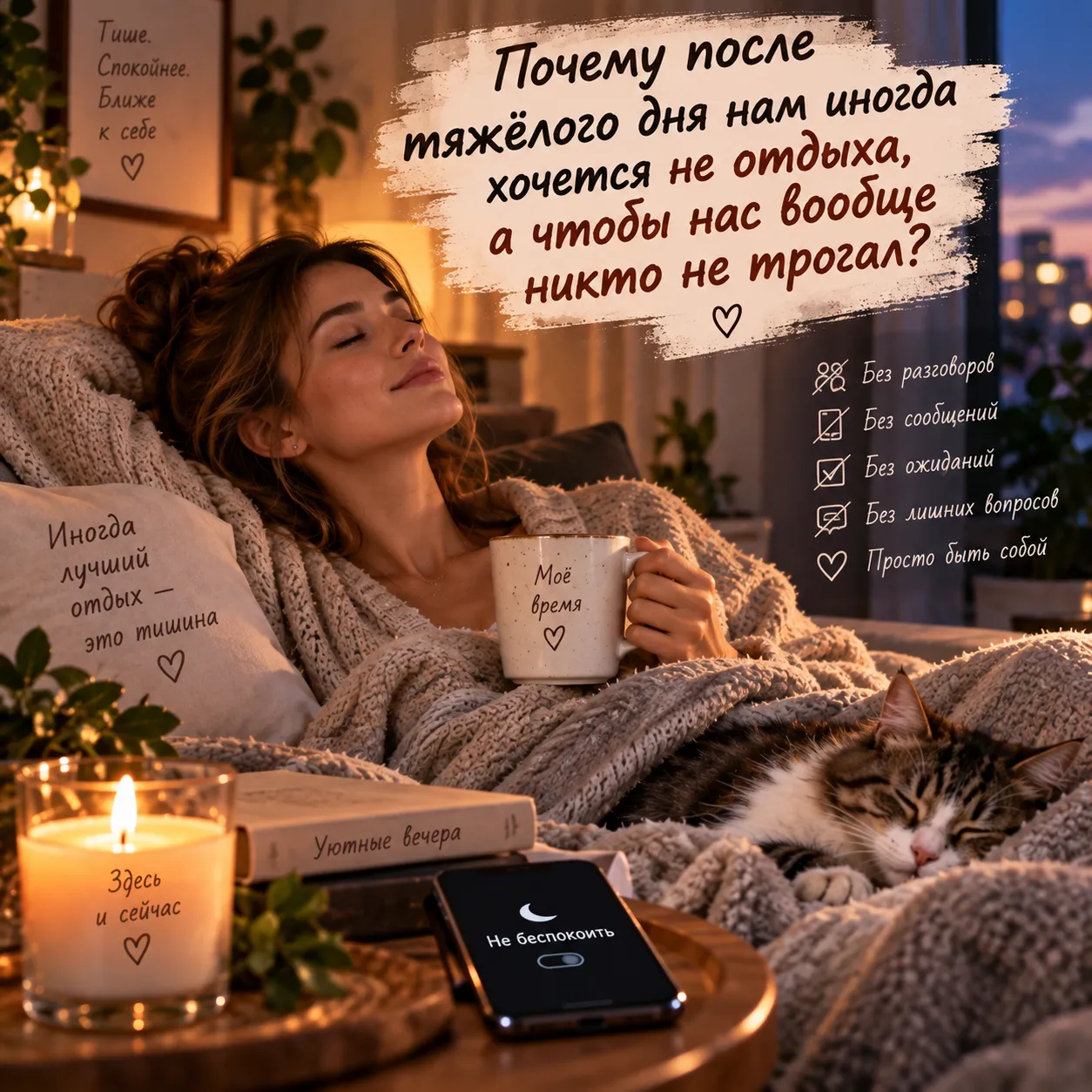Иногда после насыщенного дня лучший отдых — не развлечения и разговоры, а тишина, уютный плед, чашка чая и несколько часов, когда тебя никто ни о чём не спрашивает. Просто время для себя — без сообщений, ожиданий и лишних вопросов