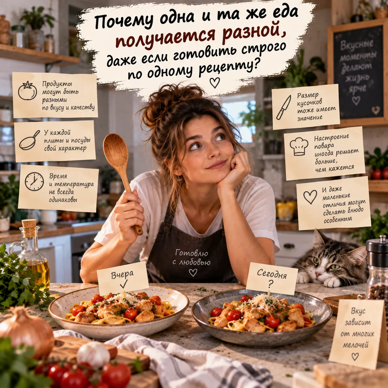 Один и тот же рецепт — ещё не гарантия одинакового результата. На вкус блюда влияют продукты, посуда, температура, размер нарезки и даже настроение того, кто готовит