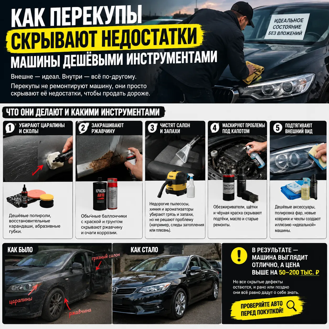 Полироль, баллончик краски, химчистка — и машина уже «без вложений» 😂  А под красивым кузовом могут скрываться ржавчина, скрученный пробег и старые проблемы.  💬 Вопрос к вам: какой самый наглый обман от перекупов вы встречали?  Пишите истории в комментариях 👇 Посмотрим, чем ещё нас пытаются удивить! 🔥