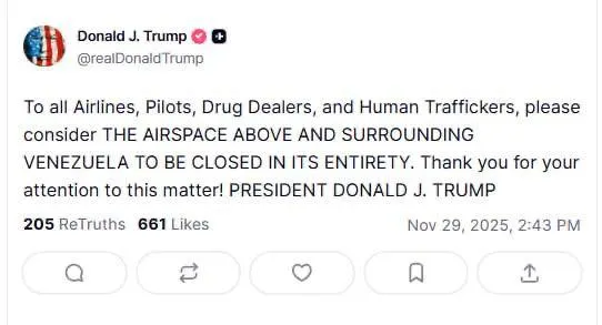 Трамп объявил полное закрытие воздушного пространства над Венесуэлой #2