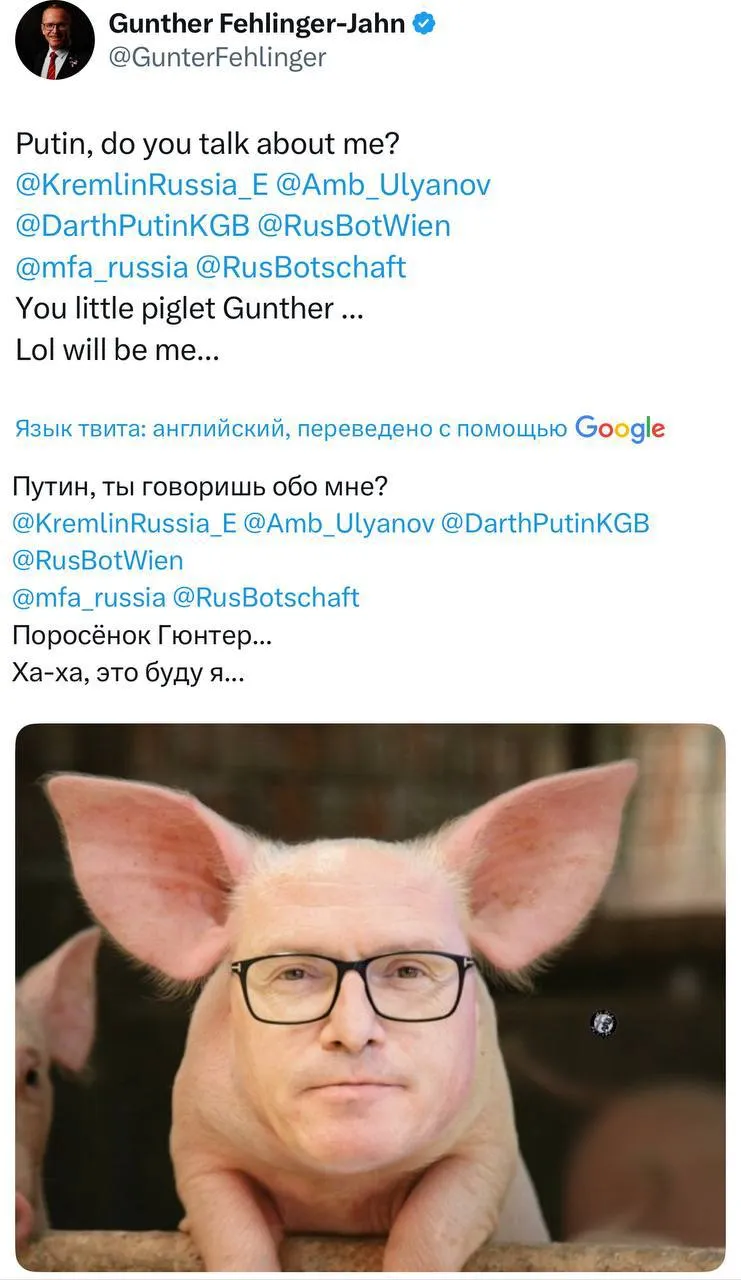 Затроллинг Путина: председатель австрийского комитета по расширению НАТО изобразил себя подсвинком #2