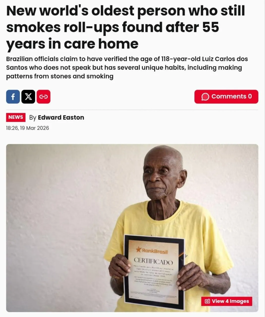 Бразилец выкуривал по пачке сигарет в день и дожил до 118 лет!  #1