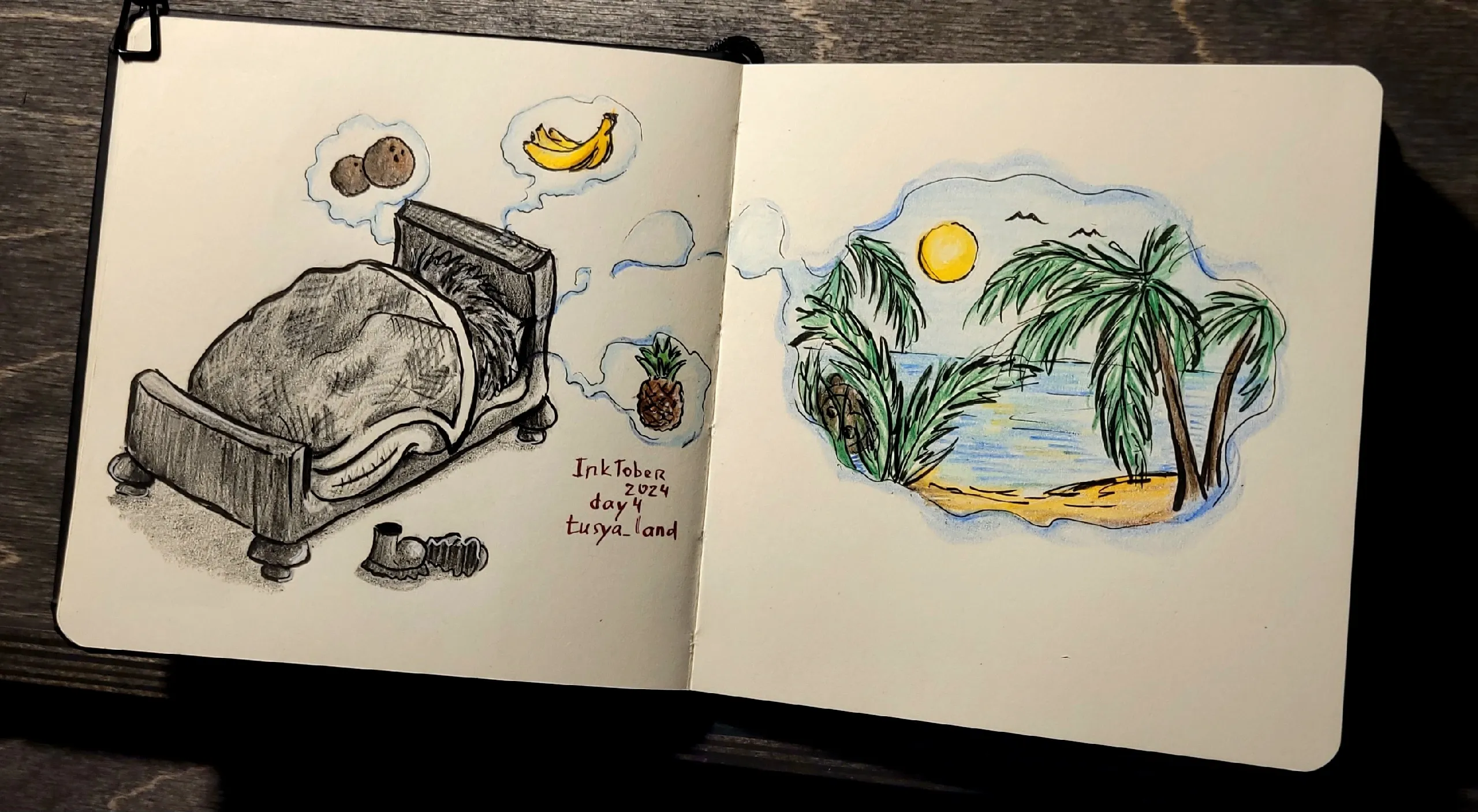 Day 4: Exotic / Экзотический.    После насыщенного дня ёжик лёг спать.   В эту ночь ему снились экзотические  фрукты и тропический остров с пальмами. 