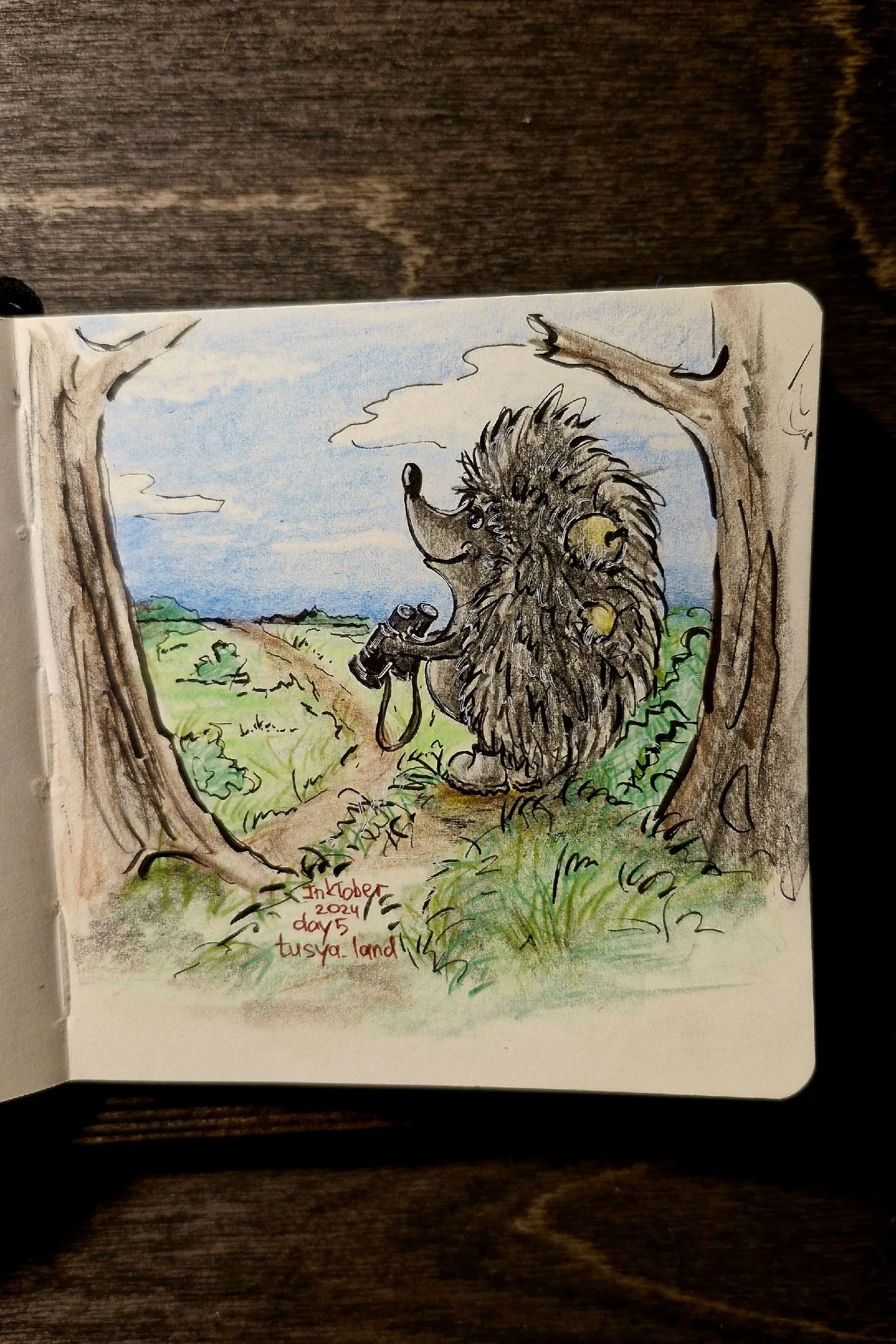 Day 5:  Binoculars / Бинокль.    На следующий день ёжик взял с собой парочку яблок,биноколь.  Надел ботиночки и пошёл к краю леса, чтобы поискать через бинокль тропический остров... или что-то похожее на него. 